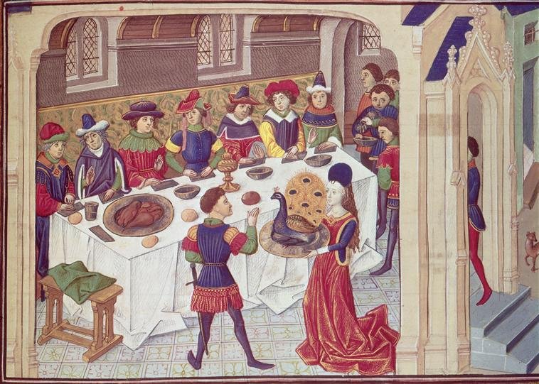 enluminure du vœu du paon, oiseau de prestige à la table médiévale